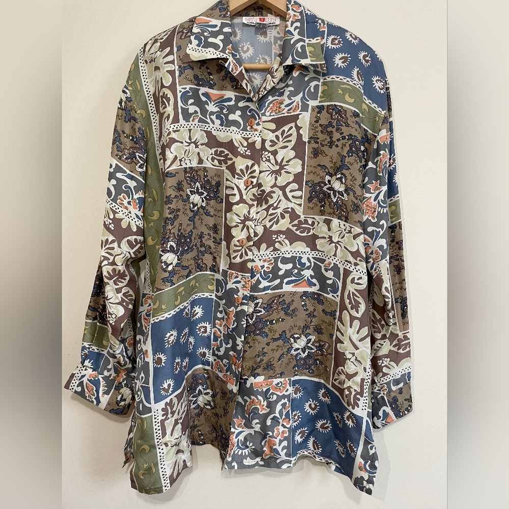 Vintage 100% Silk Patchwork Print Button-Up Blouse Size S